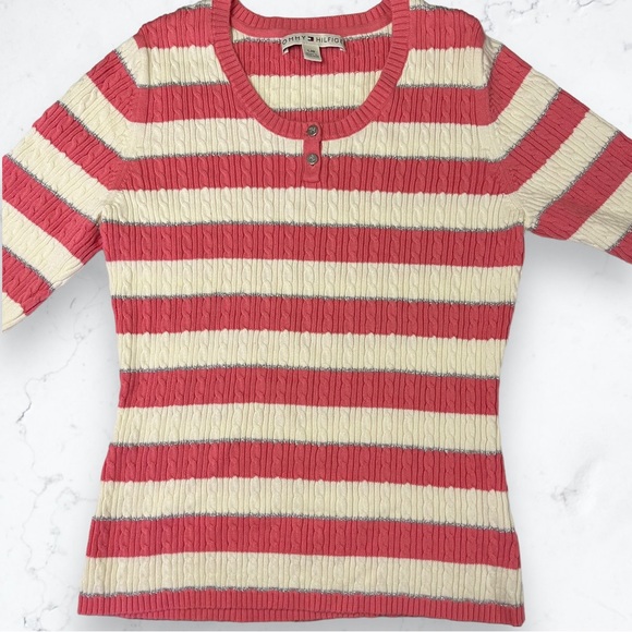 Tommy Hilfiger Pink, Off-white, and Silver Striped Cable Knit Sweater Large - Picture 3 of 12
